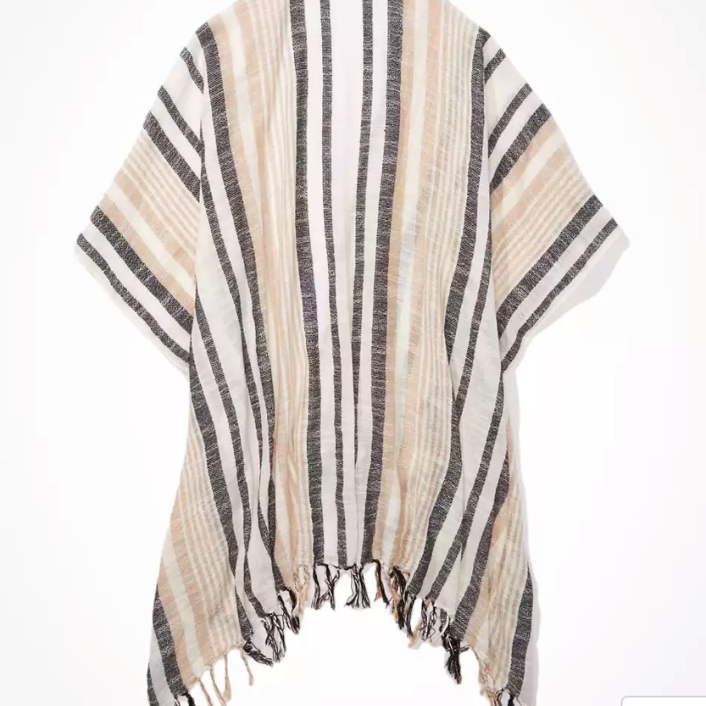 Striped Fringe Shawl Wrap Cardigan - Picture 3 of 7